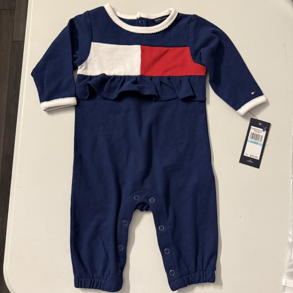 NWT Girls Tommy Hilfiger 1 Pc Long‎ Sleeved Romper 6 Months. Ruffle Front